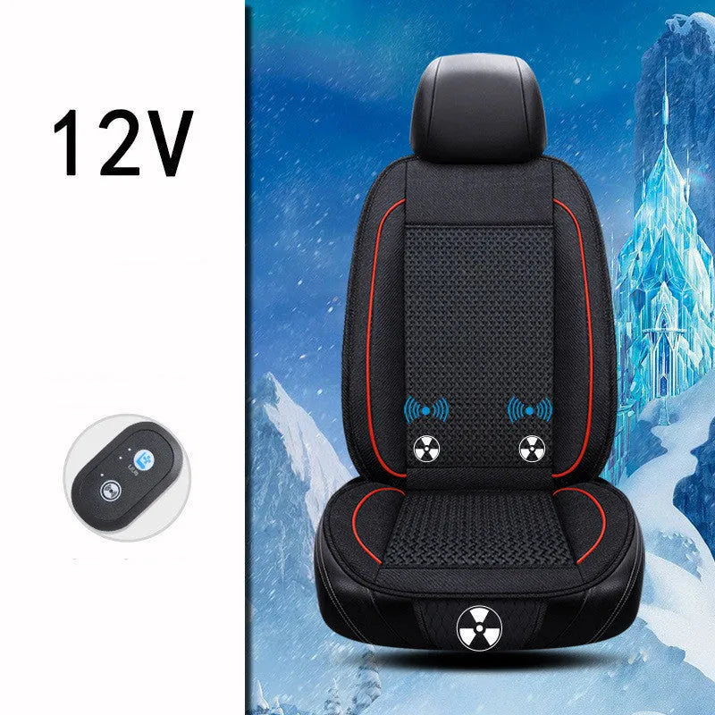 Black car ventilation seat cushion with power cord on car seat measuring 60 by 60 centimetres