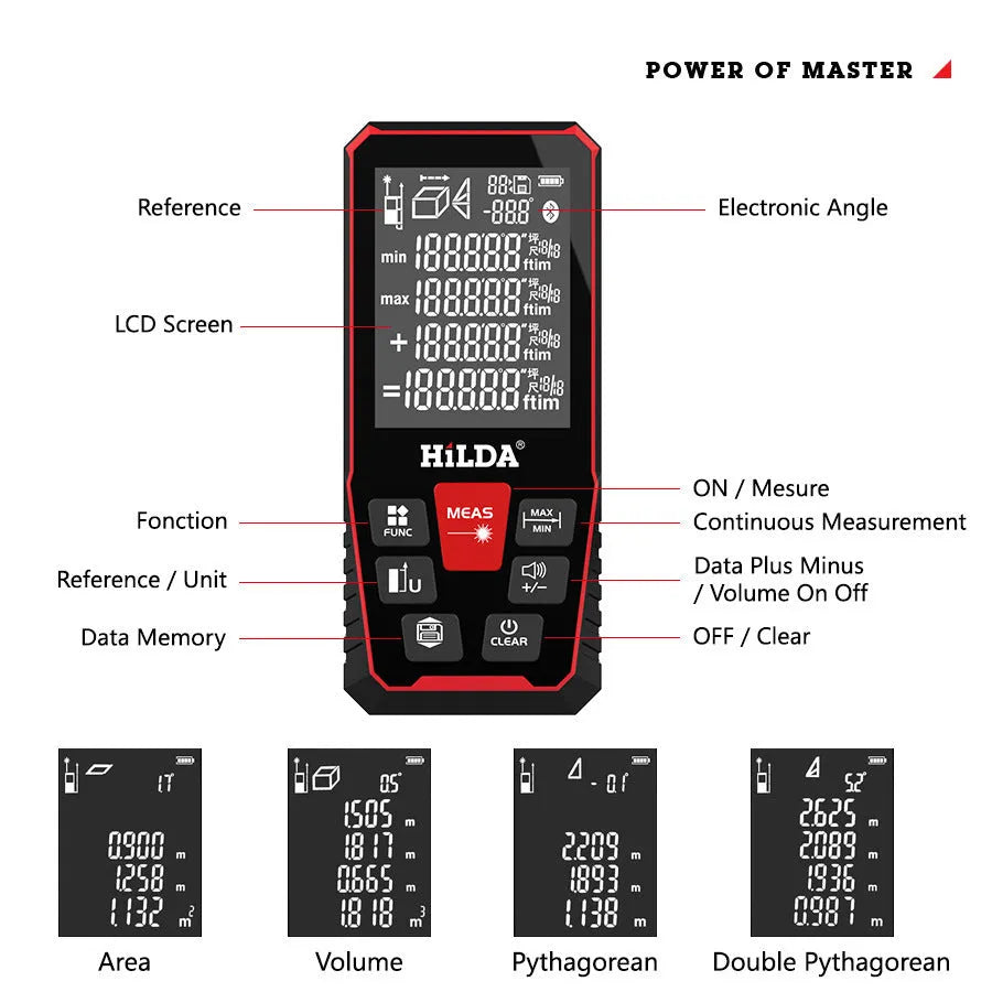 A handheld plastic laser rangefinder for measuring distances of 100 or 120 metres.