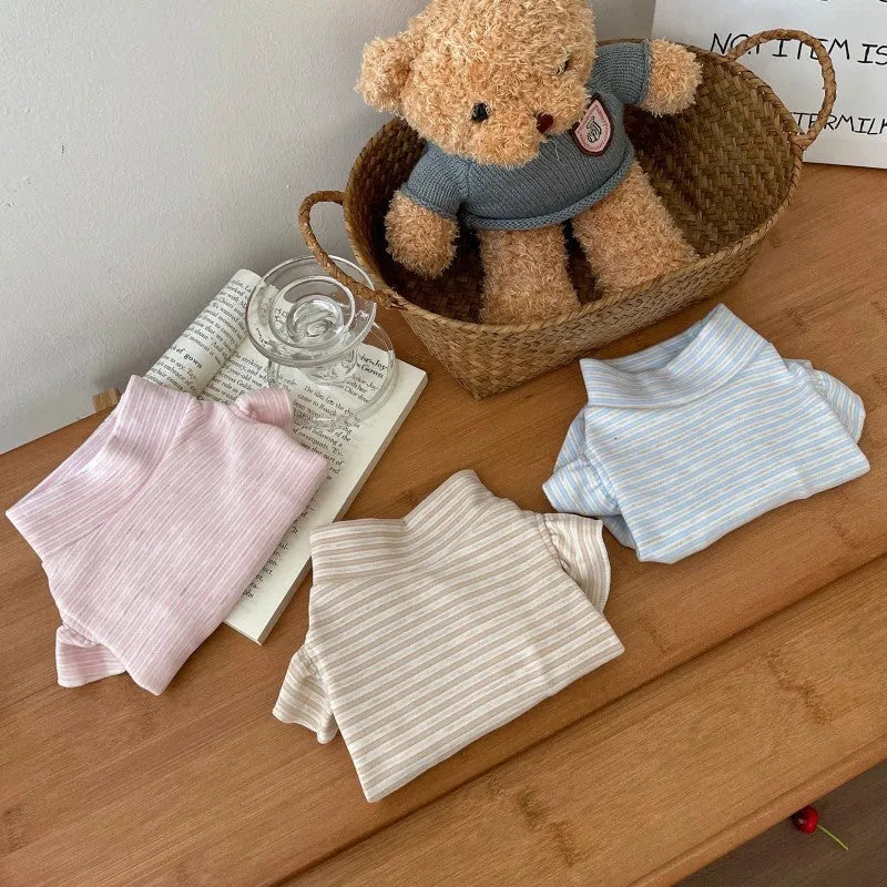 Striped turtleneck flounced sleeve pet clothes in coffee, polyester base layer shirt for dogs and cats