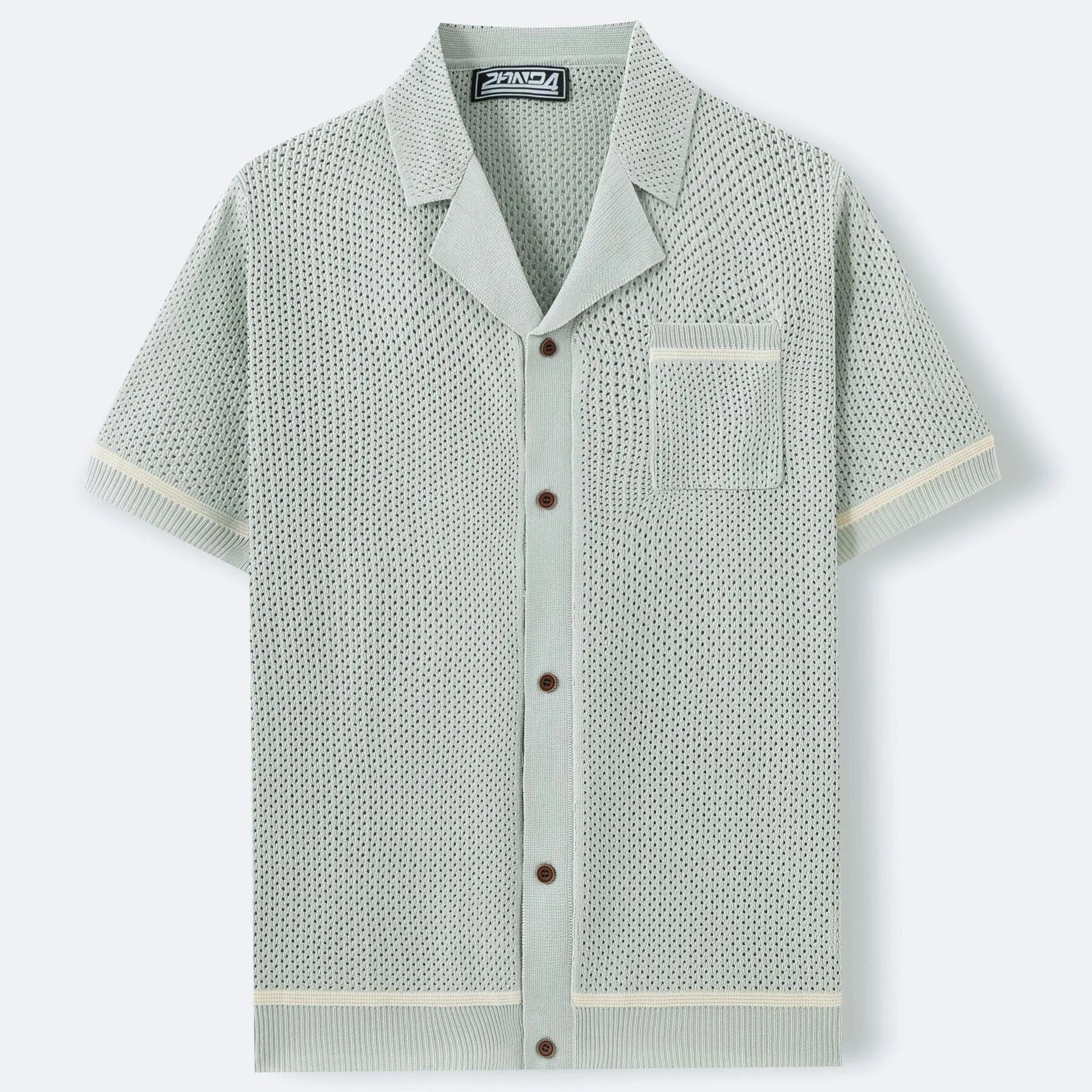 Men's Cuban collar short sleeve polo shirt in blue featuring flocking texture detail, regular fit, Tencel viscose fabric
