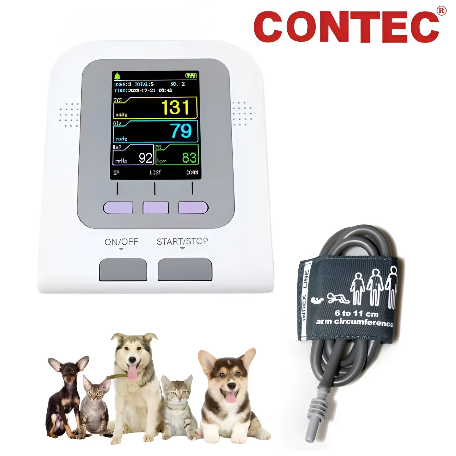 CONTEC08A veterinary digital blood pressure monitor with colour screen and cuff for animals.