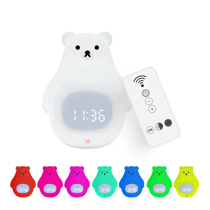 Big White Bear shaped silicone night light with soft glow and remote control on a bedside table.