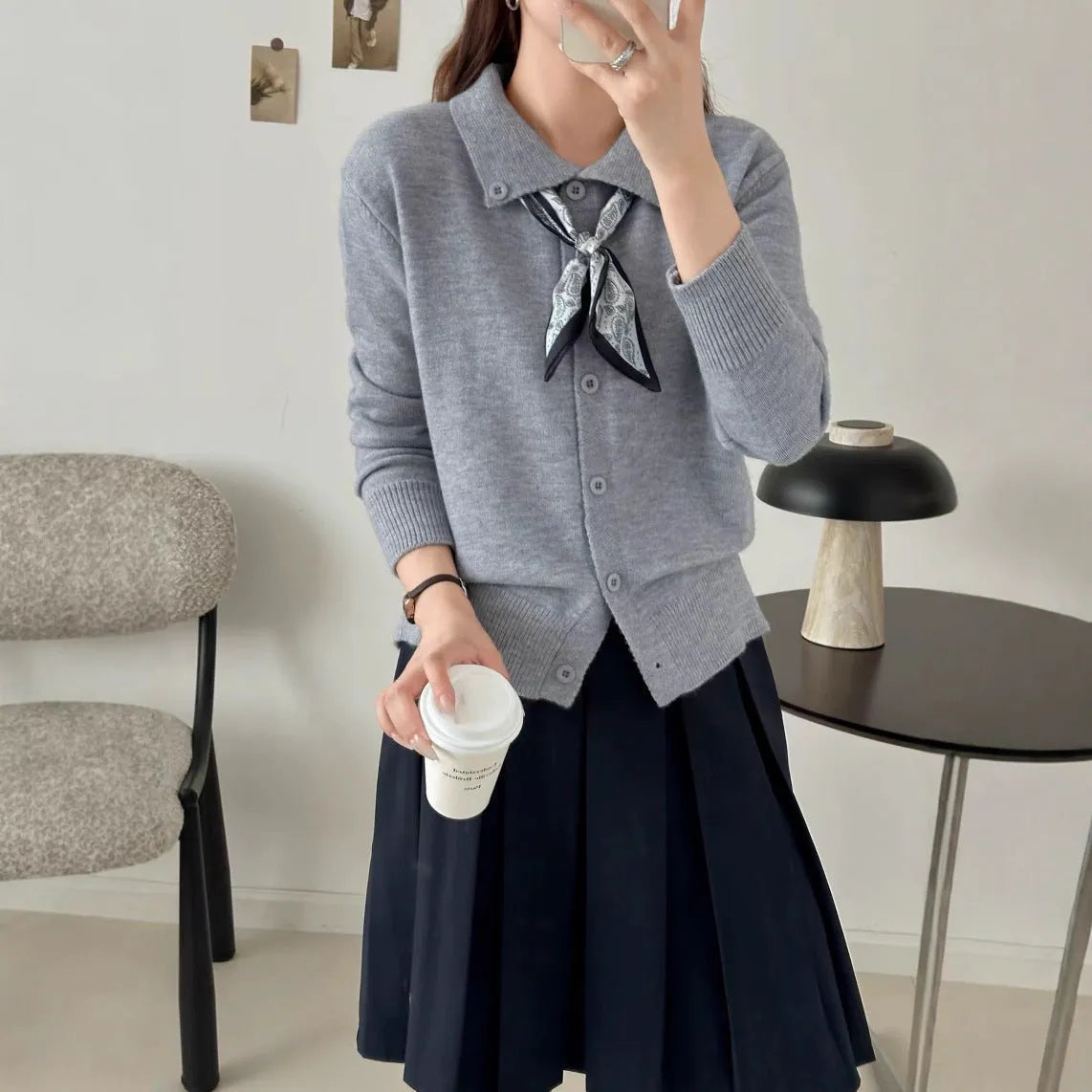 Lapel scarf cardigan sweater in acrylic fibre with splicing design elements and long sleeves