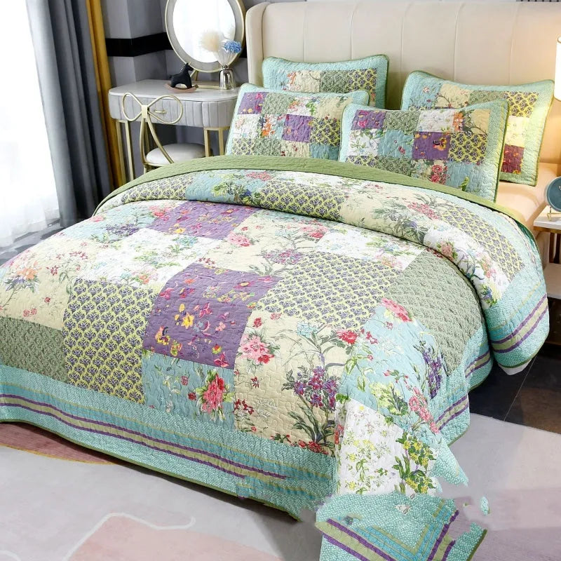 Pure cotton flower-spliced bedding three-piece set on a 2.0m bed with pillowcases