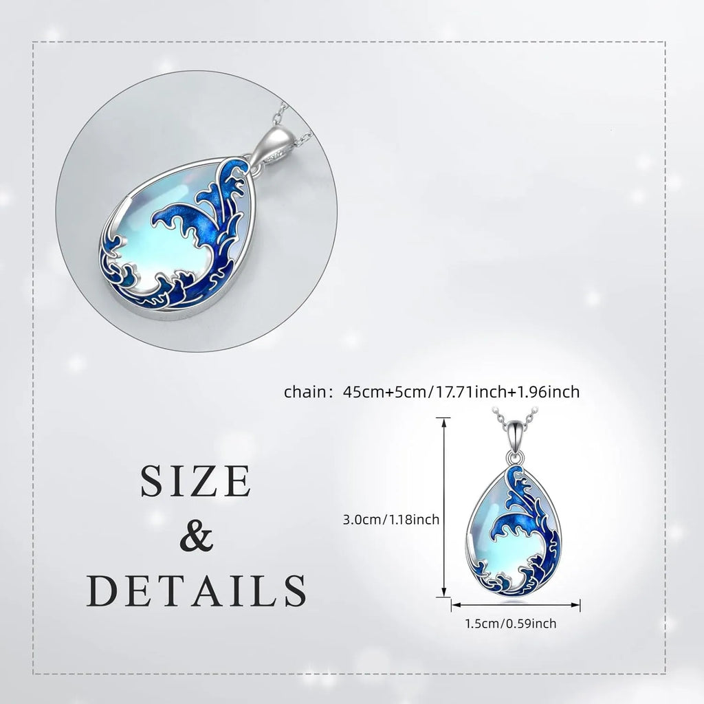 Close-up of a moonstone blue alloy heart pendant necklace on a 20-inch chain.