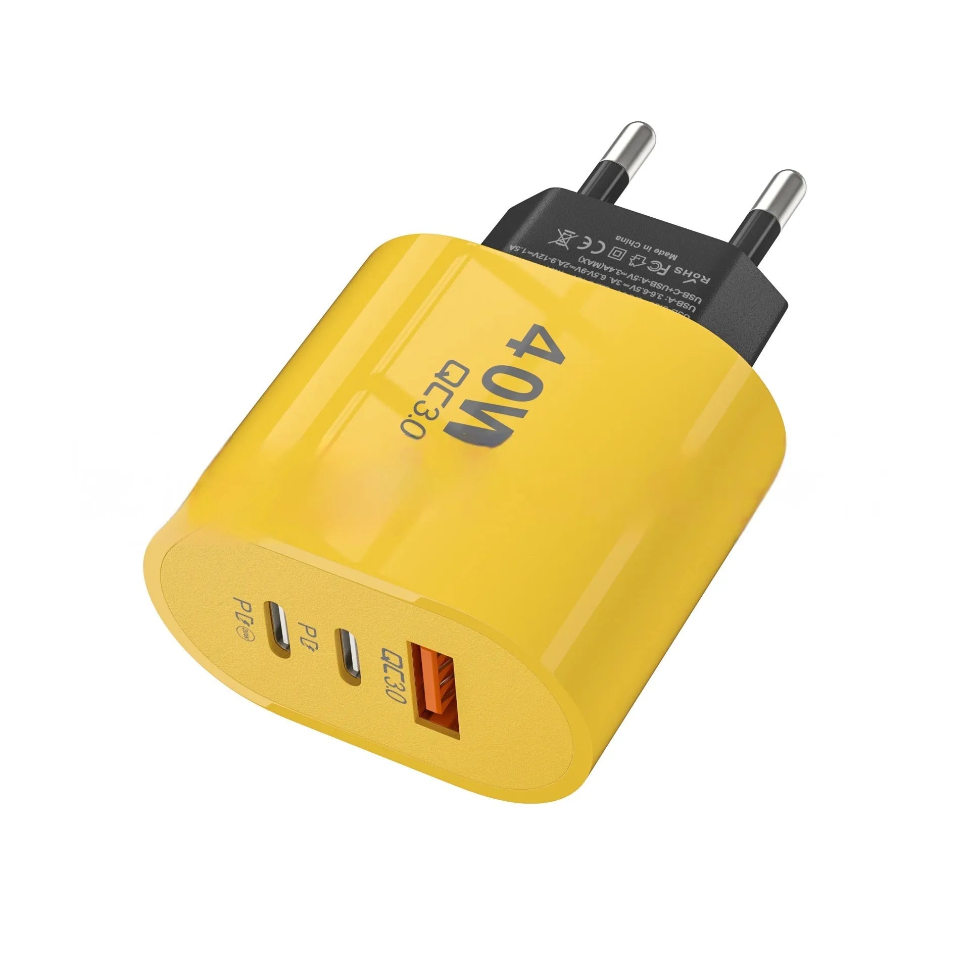 40W multi-port charger for Android mobile phone with EU and US plug options in black, white, and yellow