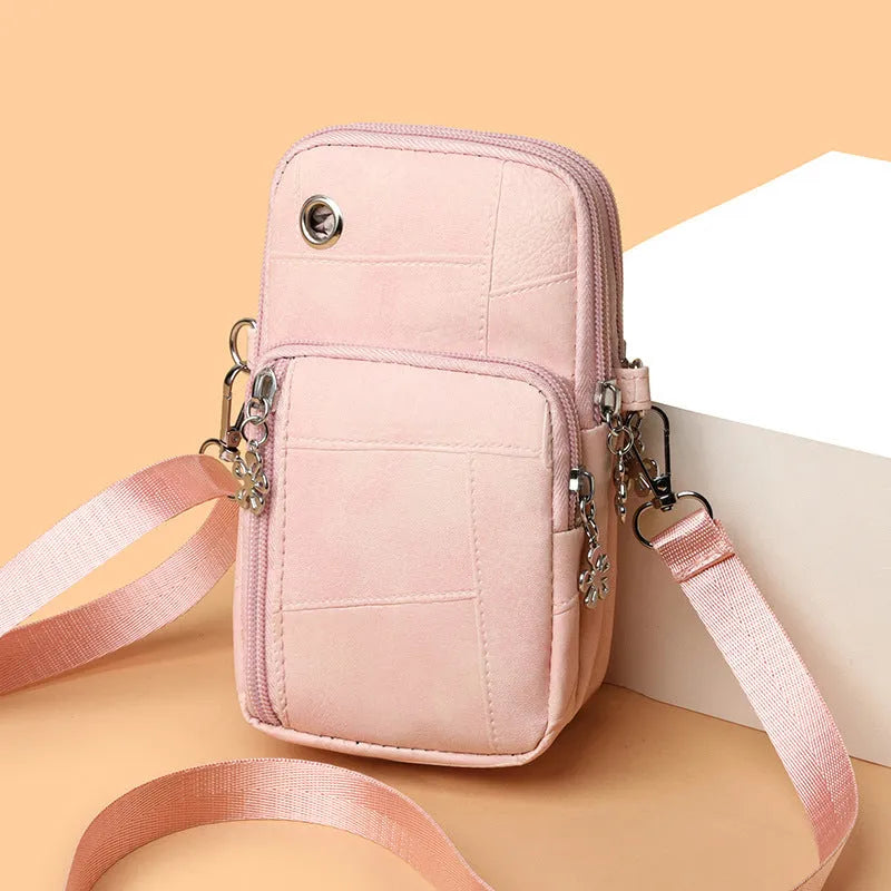 Square vertical mini phone bag with sandwich pocket design in PU material