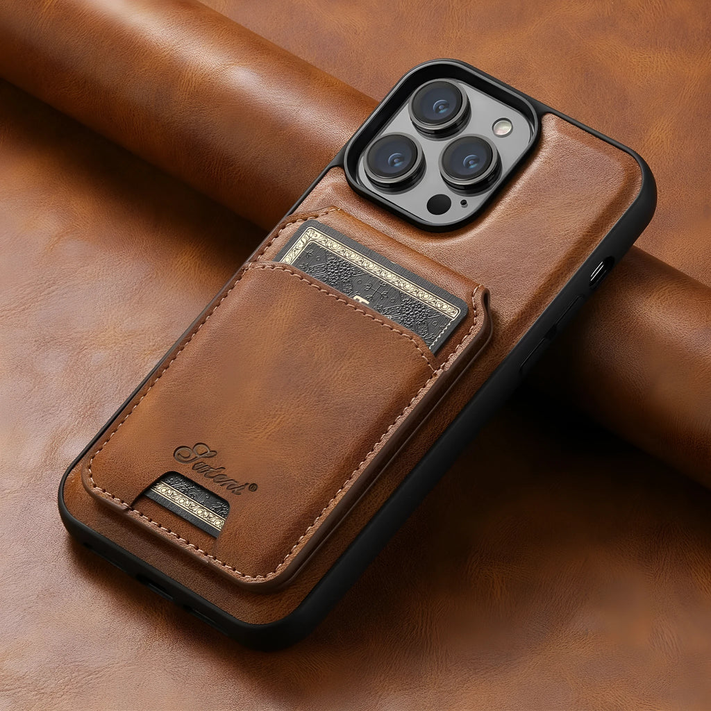 MagSafe compatible silicone iPhone case with magnetic card holder on back in oil wax pattern finish