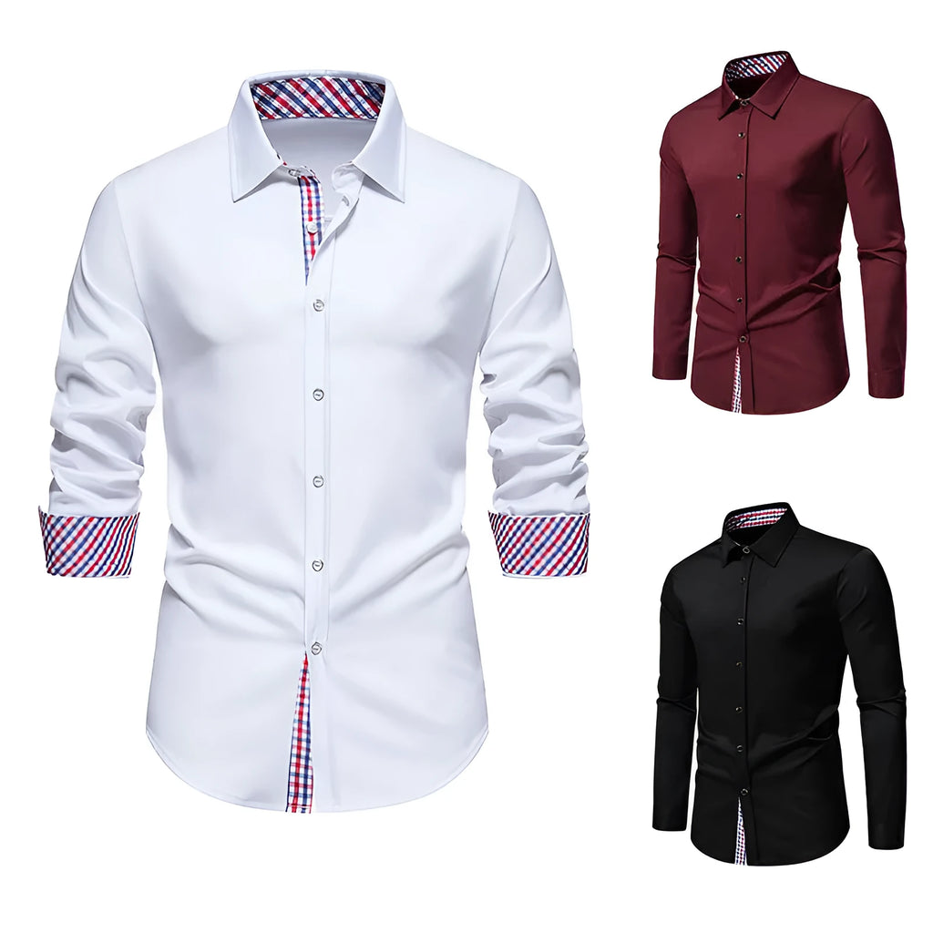 Men's loose fit plaid long-sleeved casual shirt in polyester blend fabric