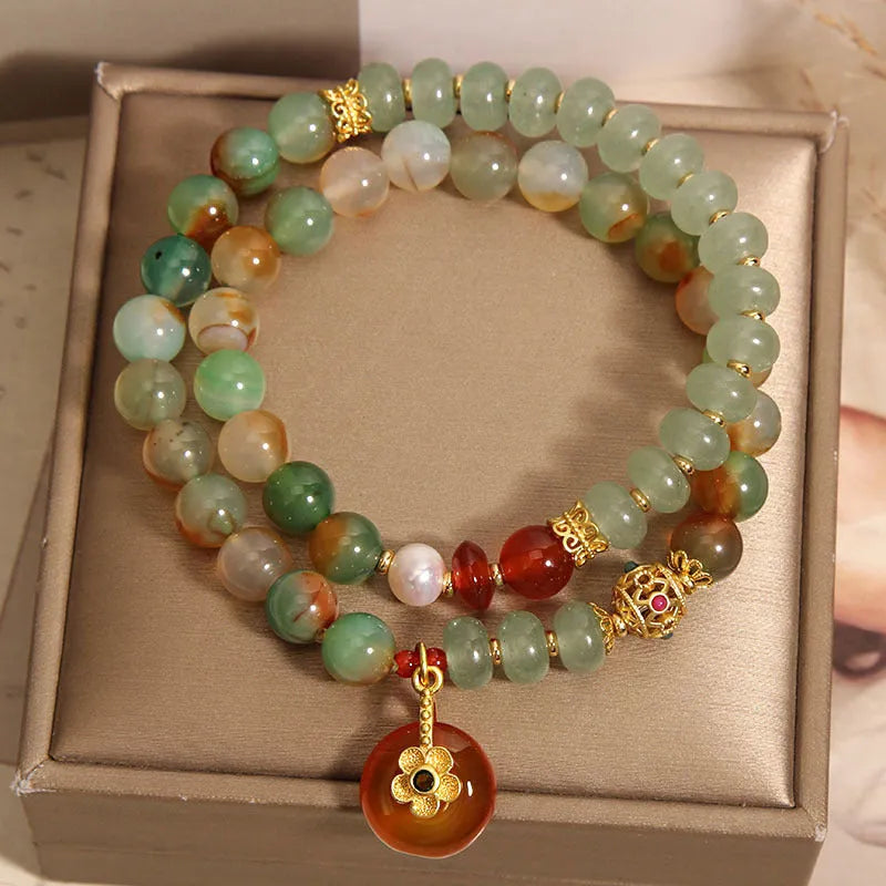 Peacock green agate double ring bracelet for women with alloy safety buckle and rhinestone decoration