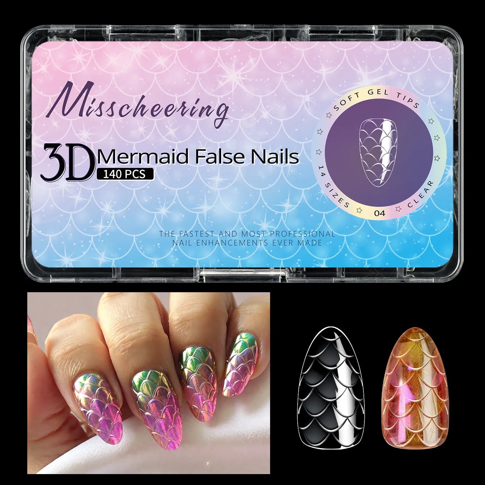 3D scale long shaping nail tips for gel and acrylic nail extensions in multiple colour options