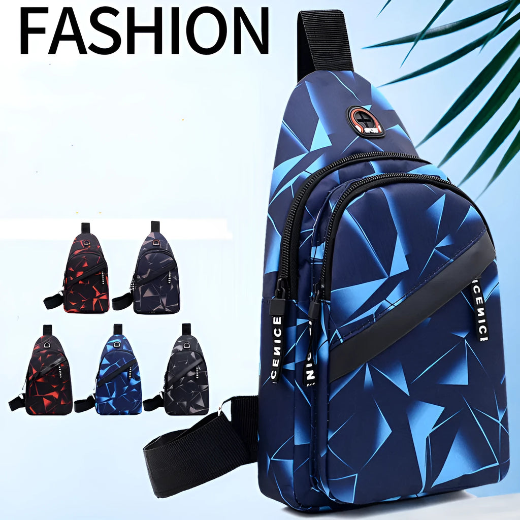 Men's blue print sling chest crossbody bag showing earphone hole and zipper pocket.