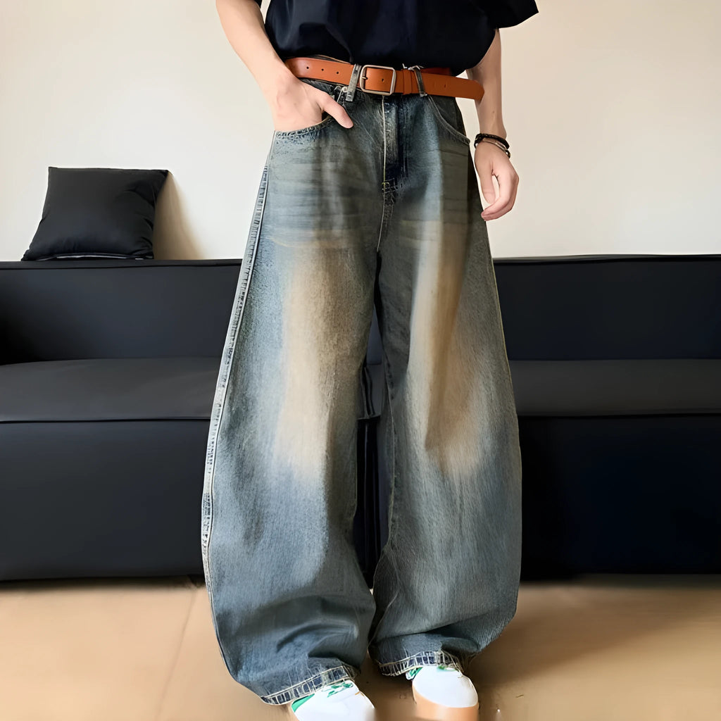 Men's retro blue distressed wide-leg jeans with slimming fit and zipper fly