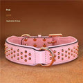 Leather dog collar with metal rivets in black, chocolate, or pink, shown on a size label for L and XL.