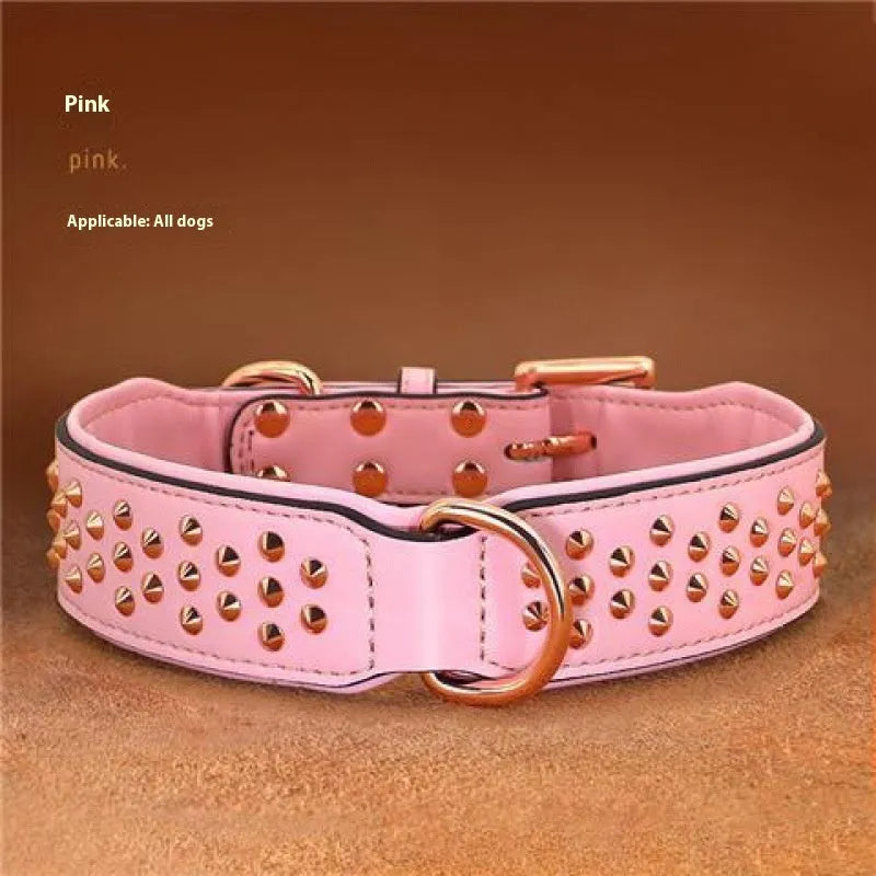 Leather dog collar with metal rivets in black, chocolate, or pink, shown on a size label for L and XL.