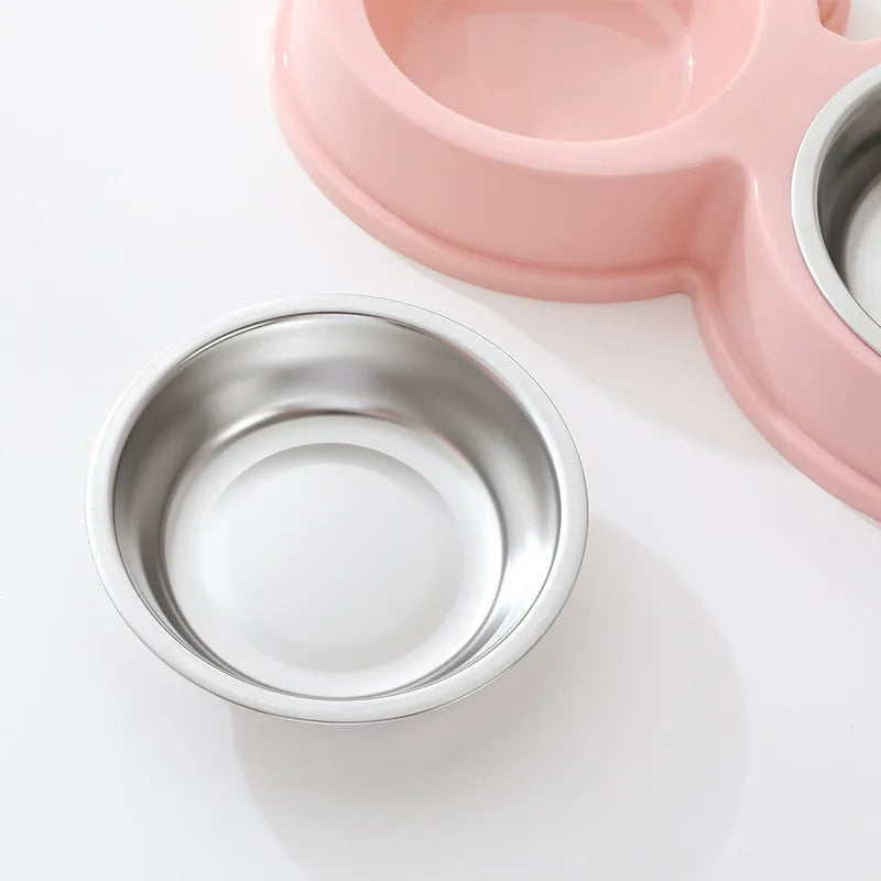Stainless steel pet double bowl with frog design for food and water feeding