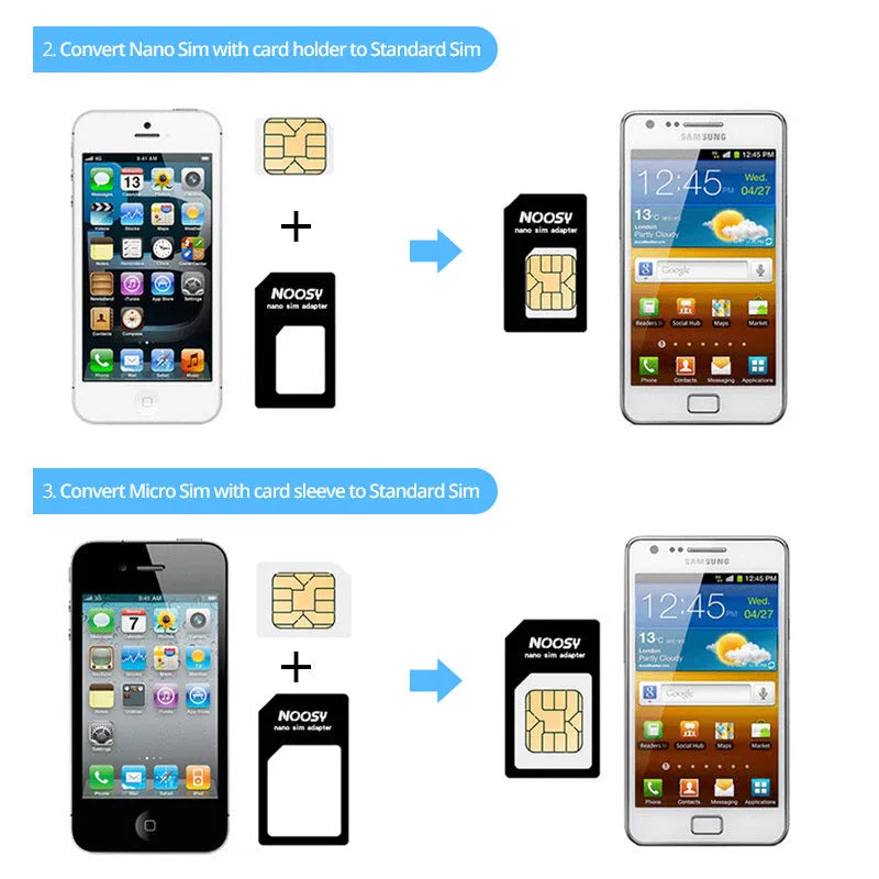 SIM restore four-in-one set showing three SIM adapters and card picking pin in black or white