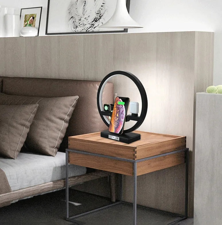 Black 3 in 1 wireless charger stand with ring light for phone watch and headset