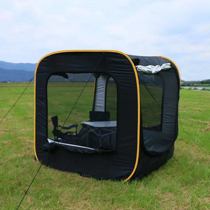 Black pop-up outdoor camping car tail tent with quick-throw design unfolded to 200x200x200cm size