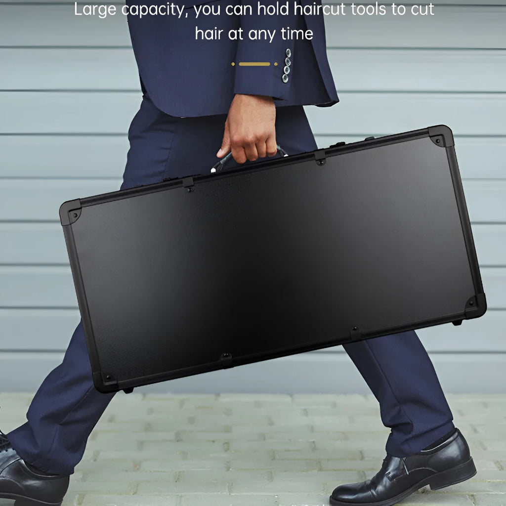 Black PVC storage case for hairdressing tools and salon cosmetics, showing its size and hard-shell construction.