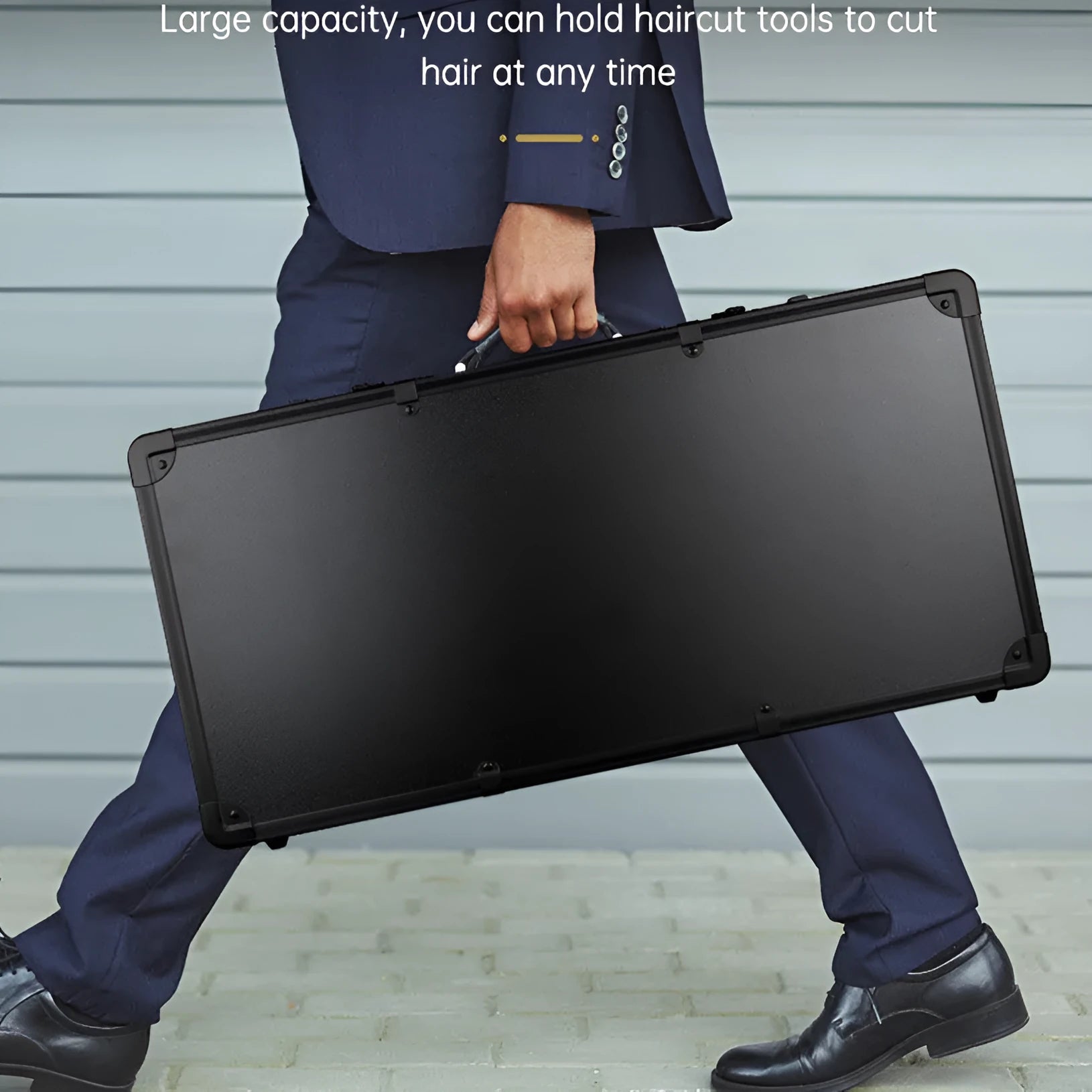 Black PVC storage case for hairdressing tools and salon cosmetics, showing its size and hard-shell construction.