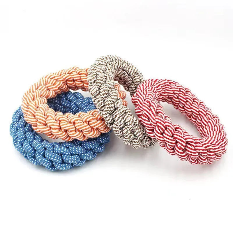 Cotton thread braided ring knot toy for pets, showing woven 18cm circle.
