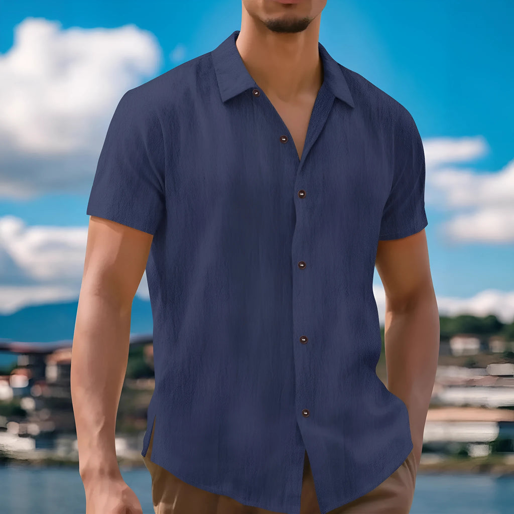 Men's linen lapel short sleeve shirt in eight colours including white, grey, orange, army green, navy blue, light blue, black, and khaki.