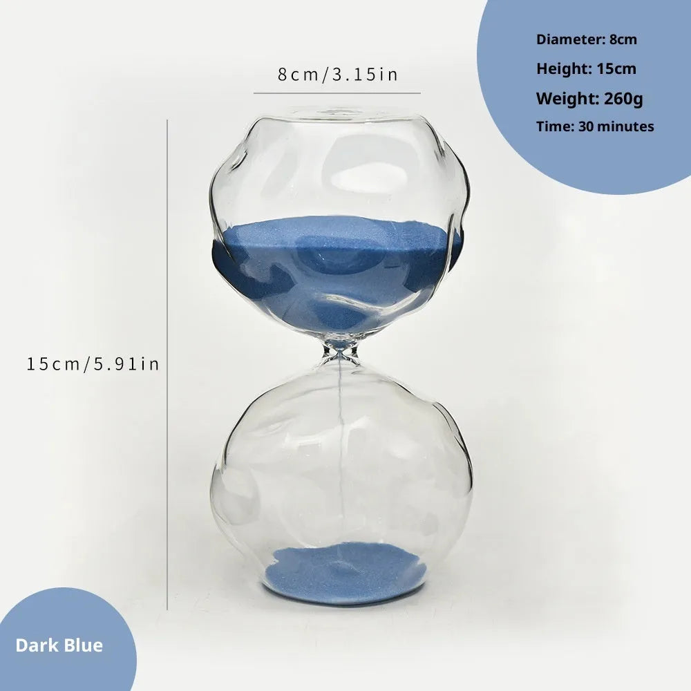 Borosilicate glass sand timer with coloured sand in a European-style blown glass hourglass