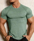 Men's tight stretch casual short sleeve t-shirt in black, gray, green, or pink colours with round neck design