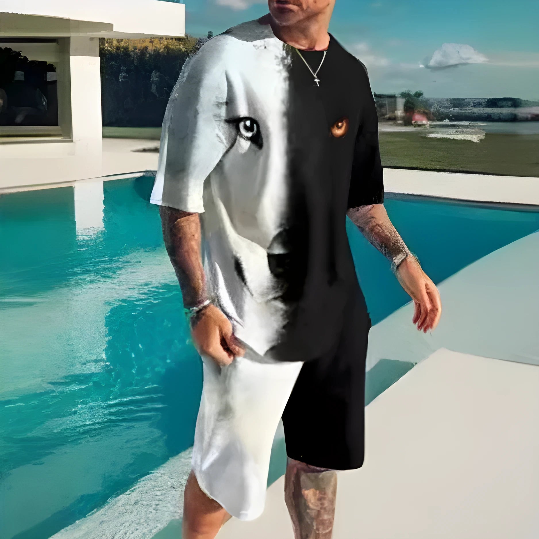 Men's short-sleeved sports and leisure two-piece suit in polyester blend, sizes S-6XL