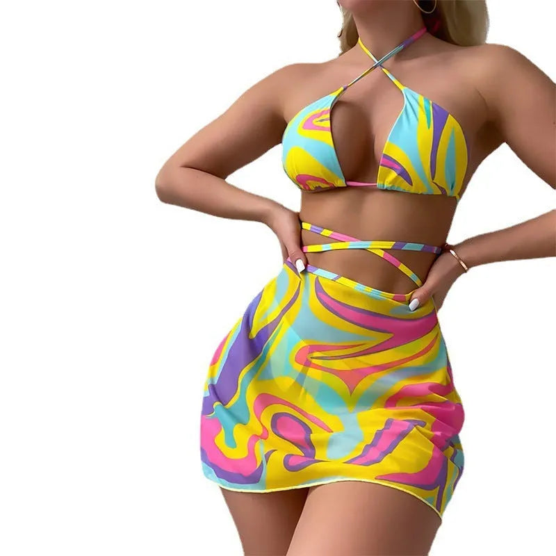 Yellow striped halter-neck lace-up swimsuit top with matching skirt and shorts for women