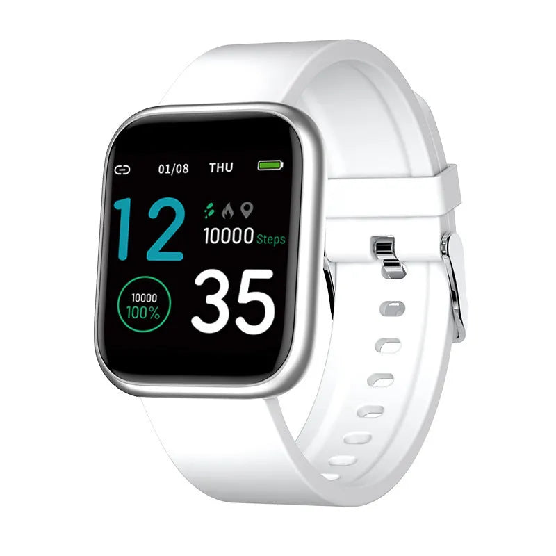 Smart watch with colour touch screen displaying health metrics, shown with a black Huami watchband.
