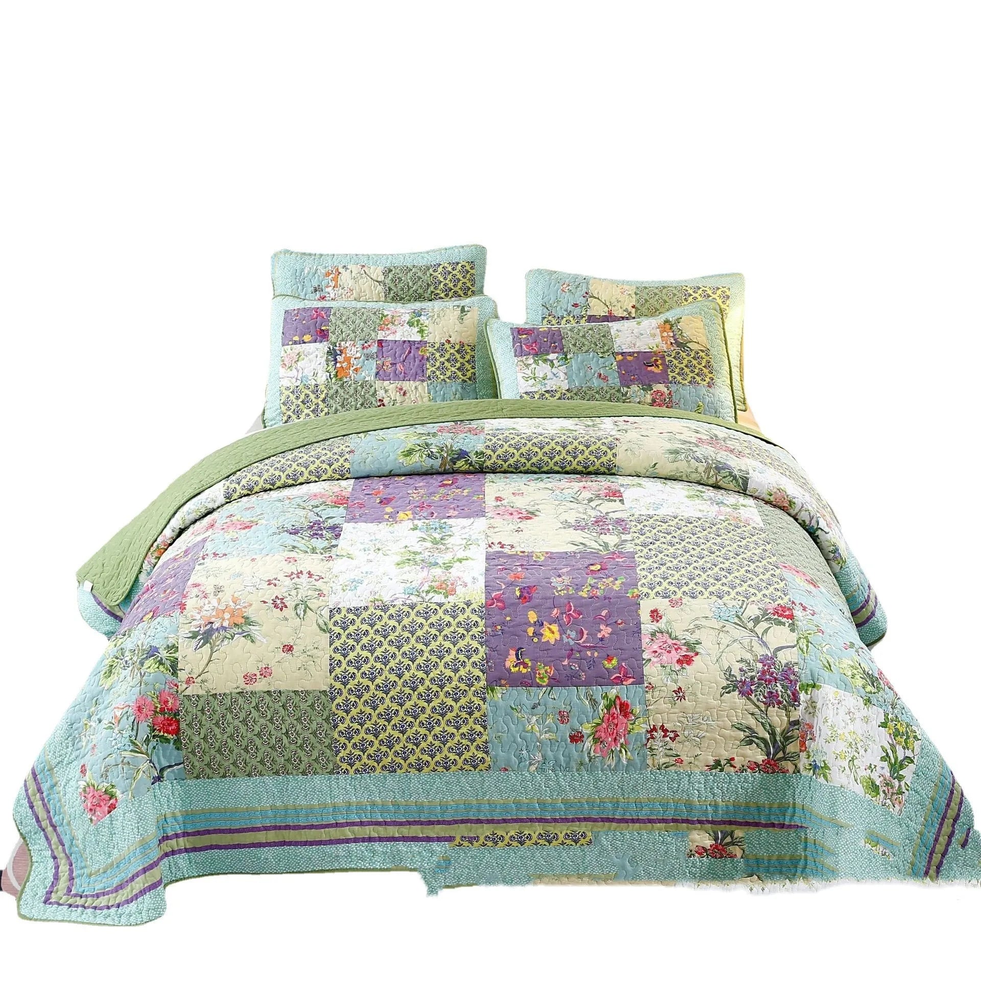 Pure cotton flower-spliced bedding three-piece set on a 2.0m bed with pillowcases