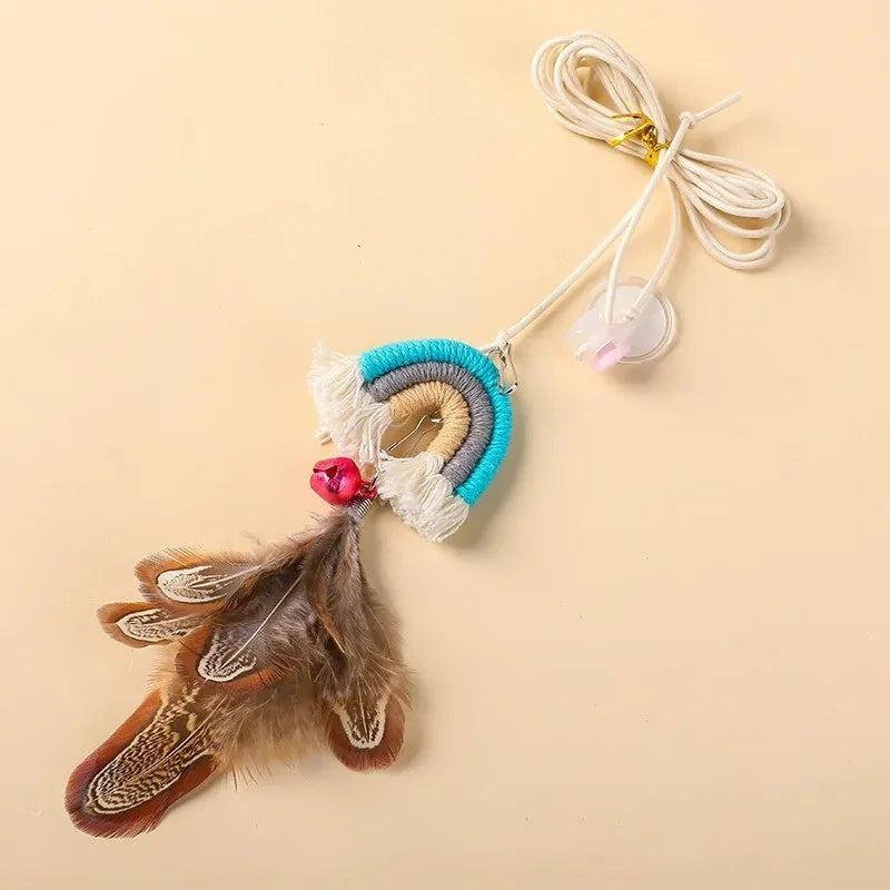 Cat door hanging toy with feather rope on elastic swing and sticky buckle clamp