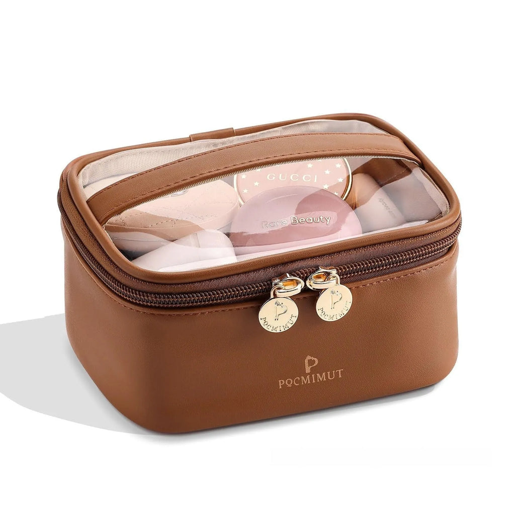 Transparent PVC leather cosmetic bag in Apricot colour with waterproof lining for travel storage.