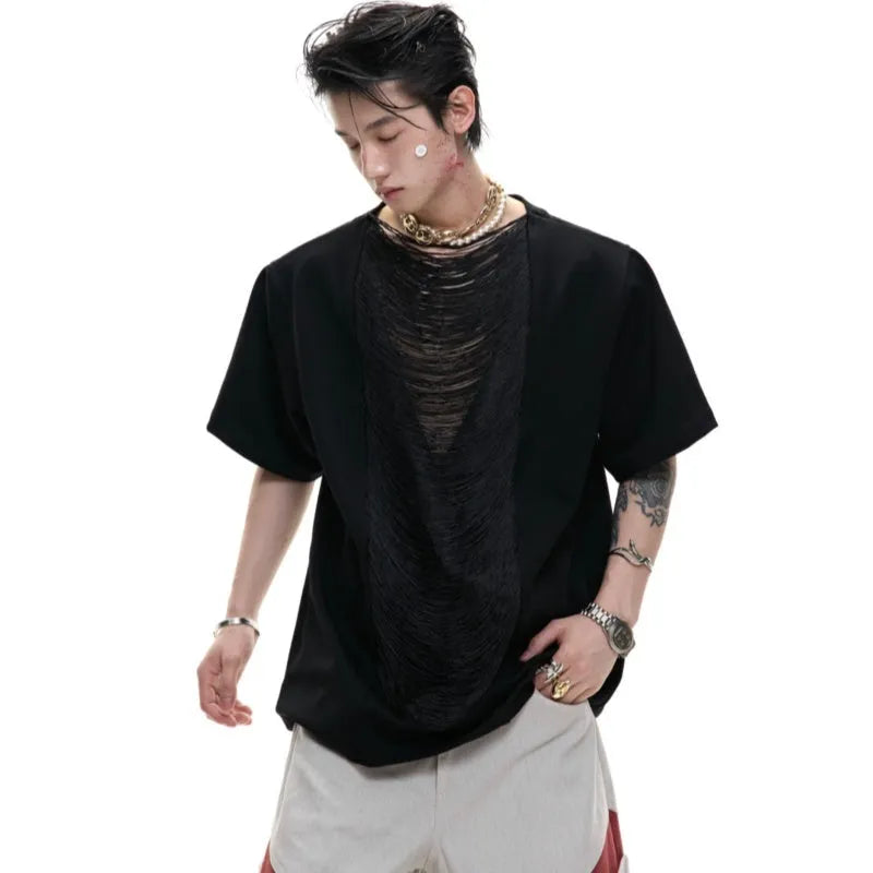 Men's black hollow out V-neck loose fit polyester T-shirt with tassel detail