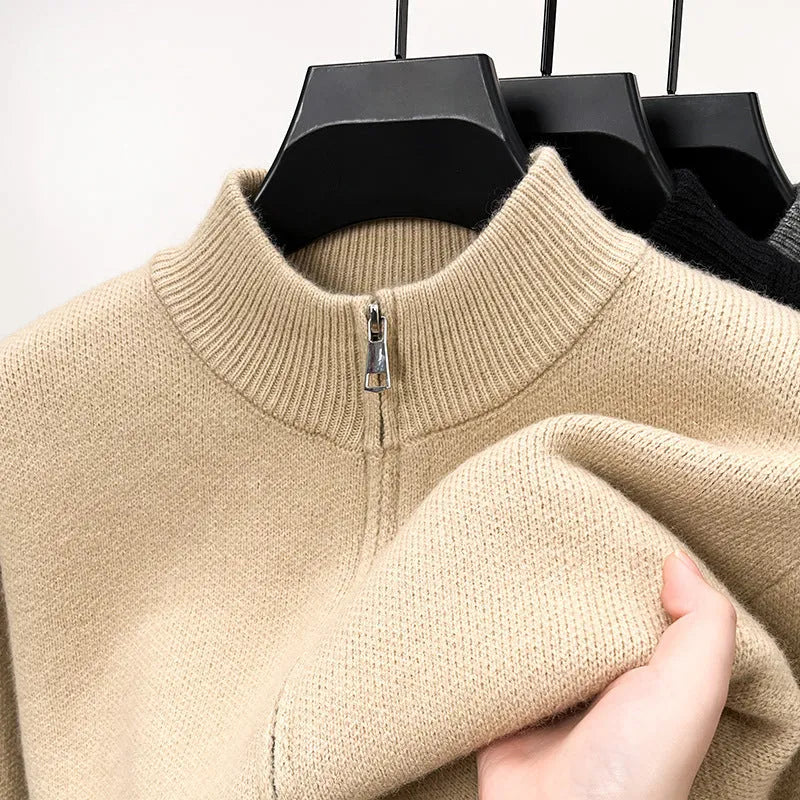 Men's stand collar knitted zipper cardigan in loose fit available in black, grey and beige