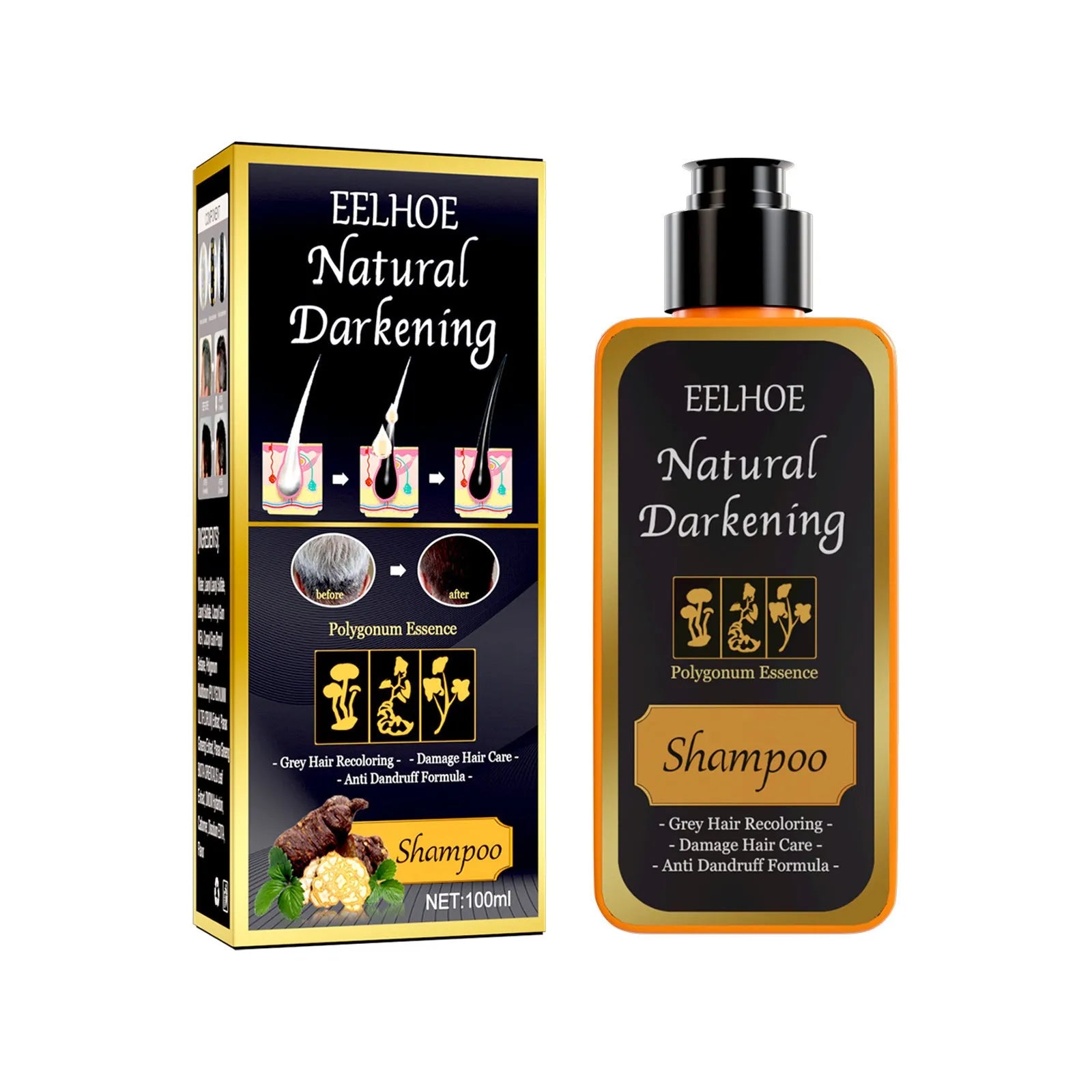 Boxed 100ml bottle of Polygonum Multiflorum Shampoo for hair colour restoration.