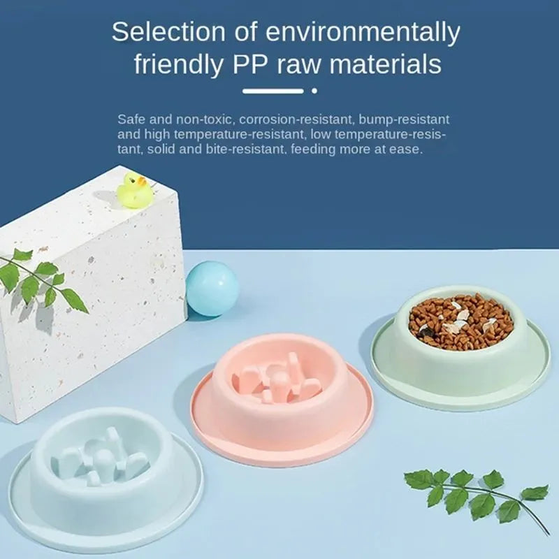 PP plastic slow feeder pet bowl in macaroon colour with raised feeding obstacles