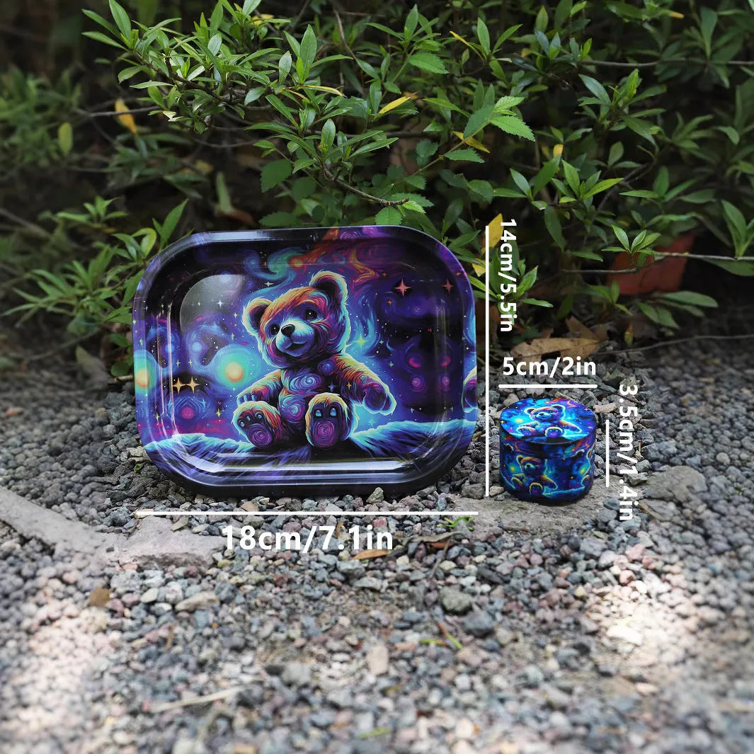 Aluminium alloy four-layer metal cigarette grinder and tray smoking set in Starry Bear colour