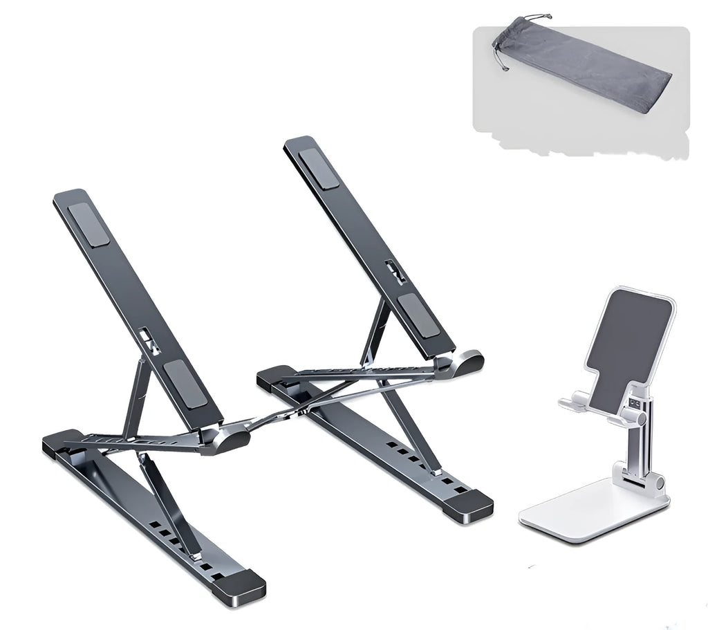 Folding aluminium computer stand bracket in grey with silicone pads on desktop surface