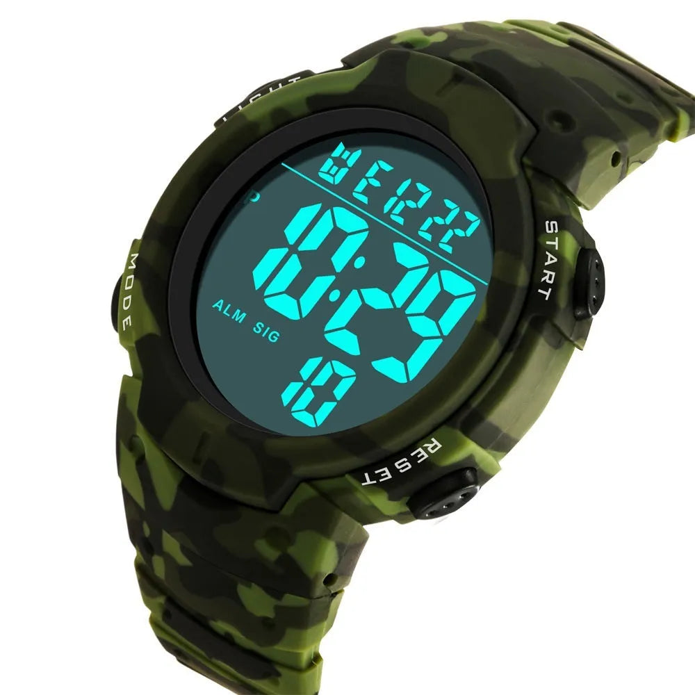 Multi functional waterproof male student sports electronic watch with black plastic band and round digital dial