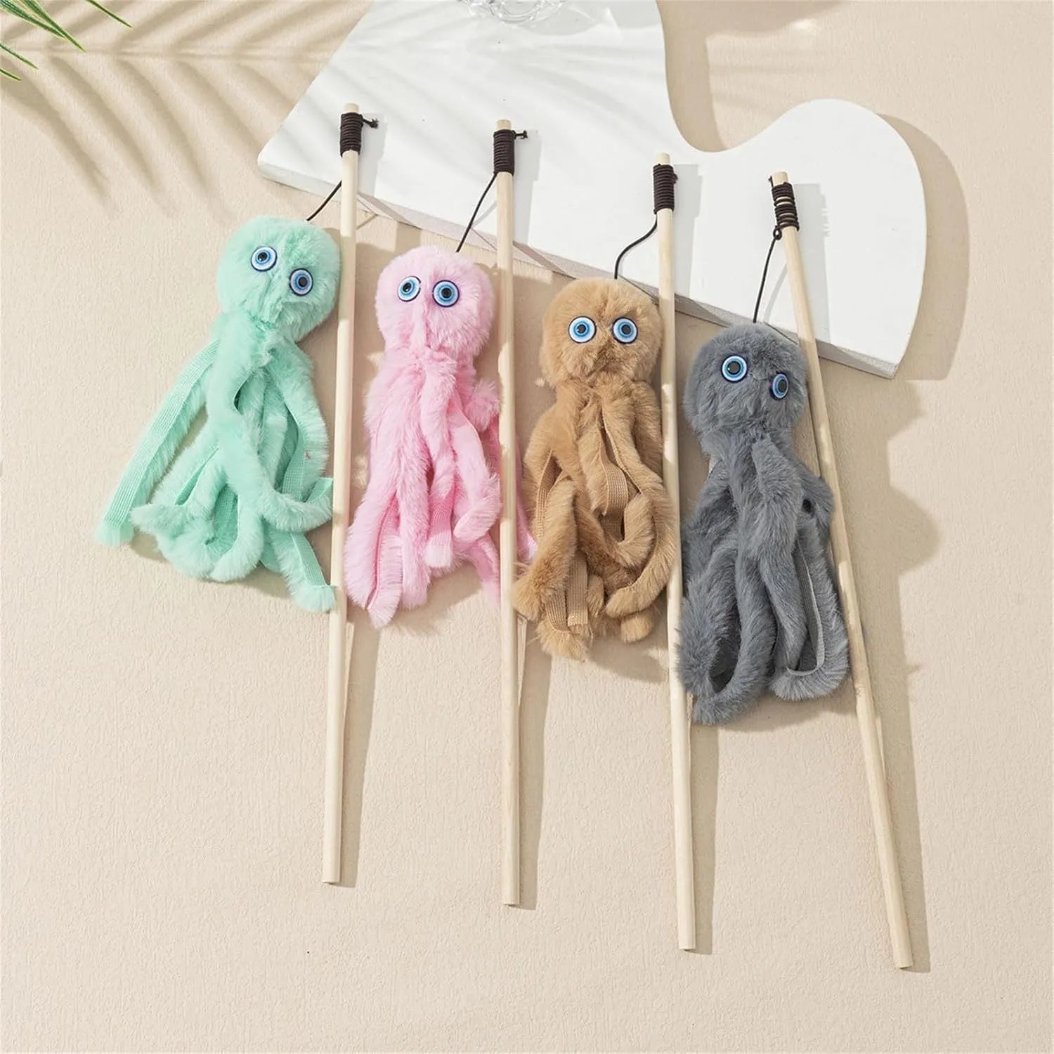 Colourful octopus cat toy with long stick and feather elements for indoor play