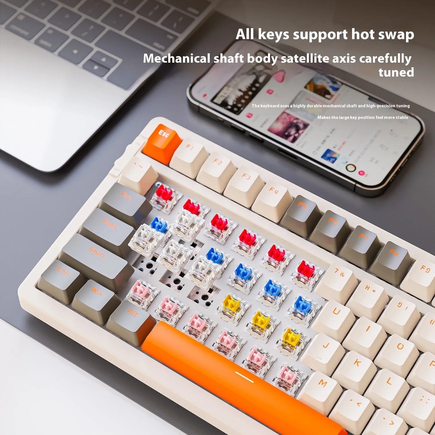 Bluetooth dual-mode mechanical keyboard with compact 39cm design and hot-swappable Kailh red switches