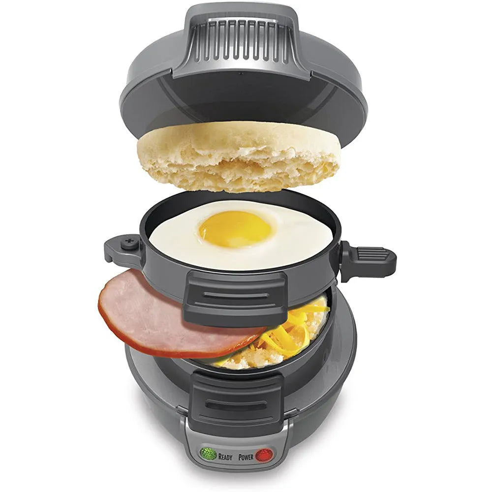 Bright red orange silver grey breakfast machine sandwich maker with egg cooker ring and waffle functions