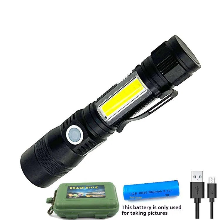 10W magnet USB rechargeable flashlight with aluminium alloy body and focusing beam on black background