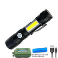 10W magnet USB rechargeable flashlight with aluminium alloy body and focusing beam on black background