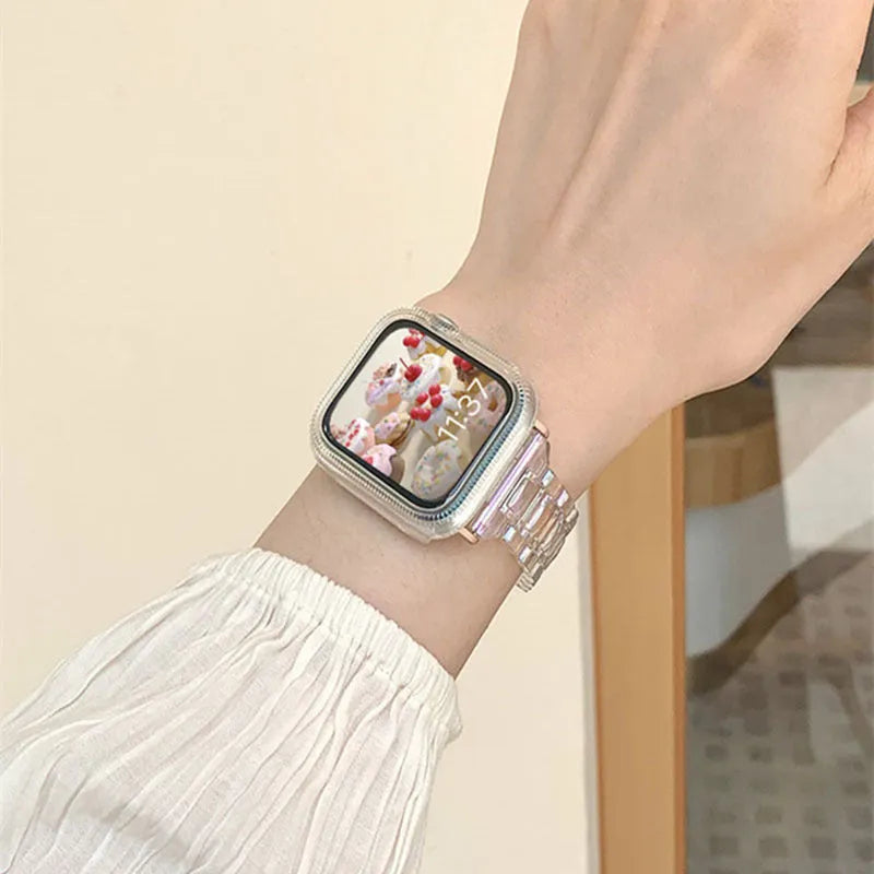 Colourful transparent laser carved resin watch strap for Apple Watch with 22mm connector on white background