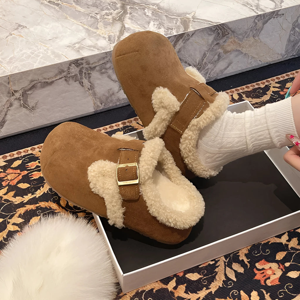 Baotou semi-drag fleece lazy cotton slippers in camel colour with closed toe and rubber sole on a light background