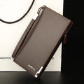 Men's black PU leather wallet with multifunctional zipper closure showing waterproof construction